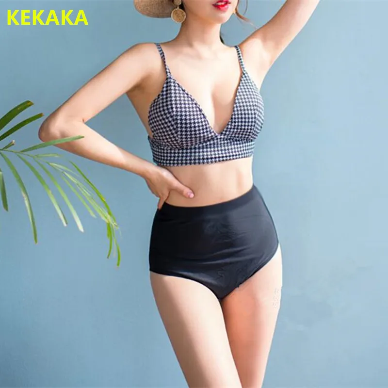 KEKAKA Sexy Black Plaid Bikinis Women 2019 Korea Vintage Retro High Waist Lace Up Swimsuit Swimwear Push Bathing Suits | Женская одежда