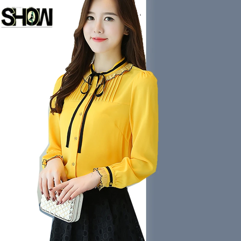 Office Wear Women Yellow Black Chiffon Blouses Shirts Lady Girls Casual O-Neck Long Sleeve Button Shirt Blusas Cute Bow Tie Tops
Office Wear Women Yellow Black Chiffon Blouses Shirts Lady Girls Casual O-Neck Long Sleeve Button Shirt Blusas Cute Bow Tie Tops
