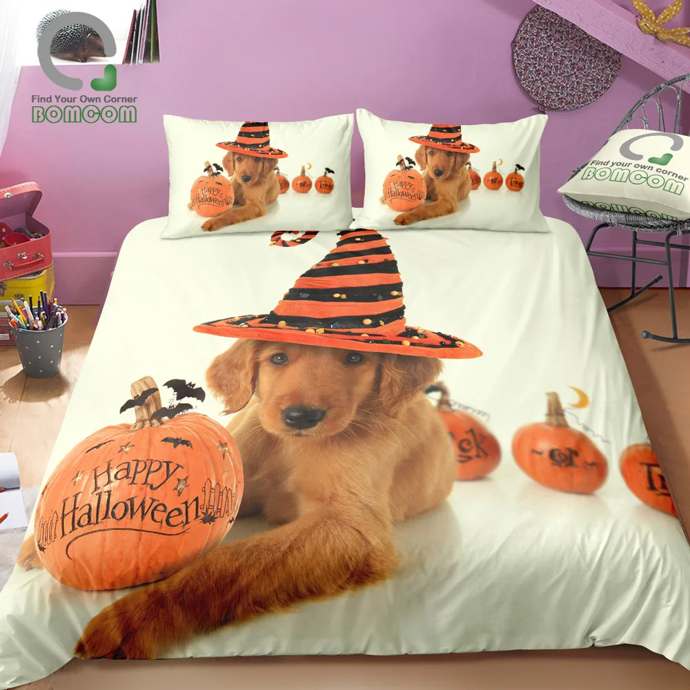 

BOMCOM 3D Digital Printing Happy Halloween Pumpkin Golden Retriever Halloween Party Duvet Cover 100% Microfiber Ivory