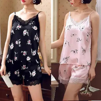 Sexy pijama Summer Pyjamas Women Top Quality Silk Satin V-neck Backless Camis Sleepwear Floral Print Lace Sexy Lingerie Set 
Sexy pijama Summer Pyjamas Women Top Quality Silk Satin V-neck Backless Camis Sleepwear Floral Print Lace Sexy Lingerie Set