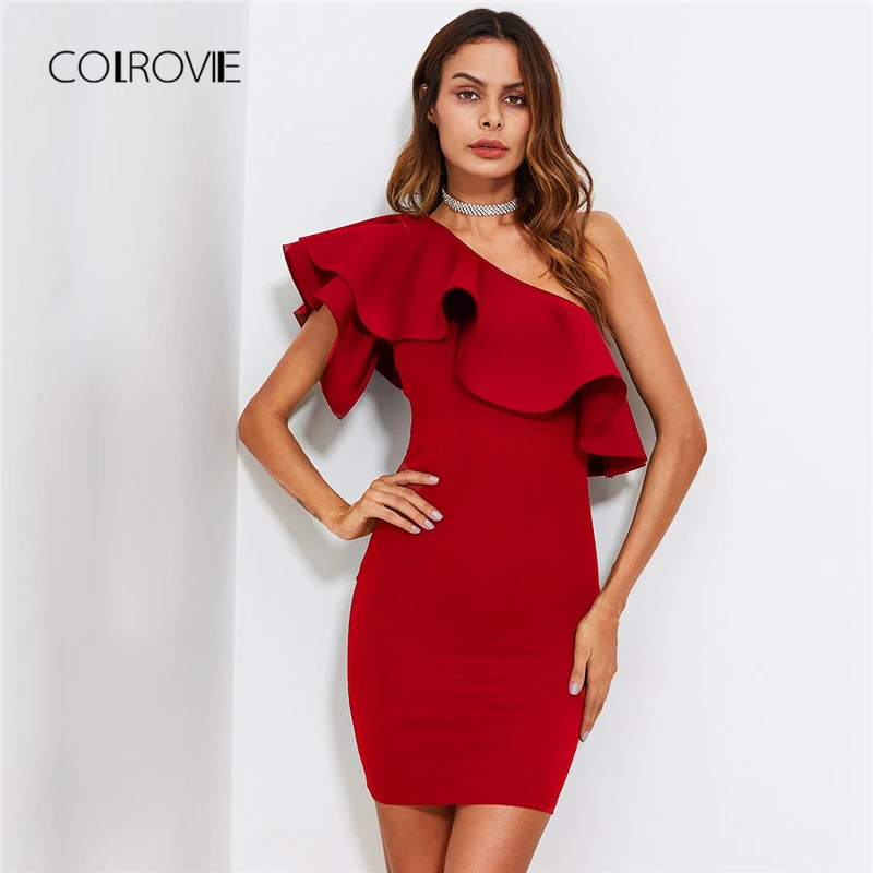 

COLROVIE Red Ruffle Flounce One Shoulder Form Fitting Bodycon Summer Dress Slim Solid Women Dress Stretchy Party Dress