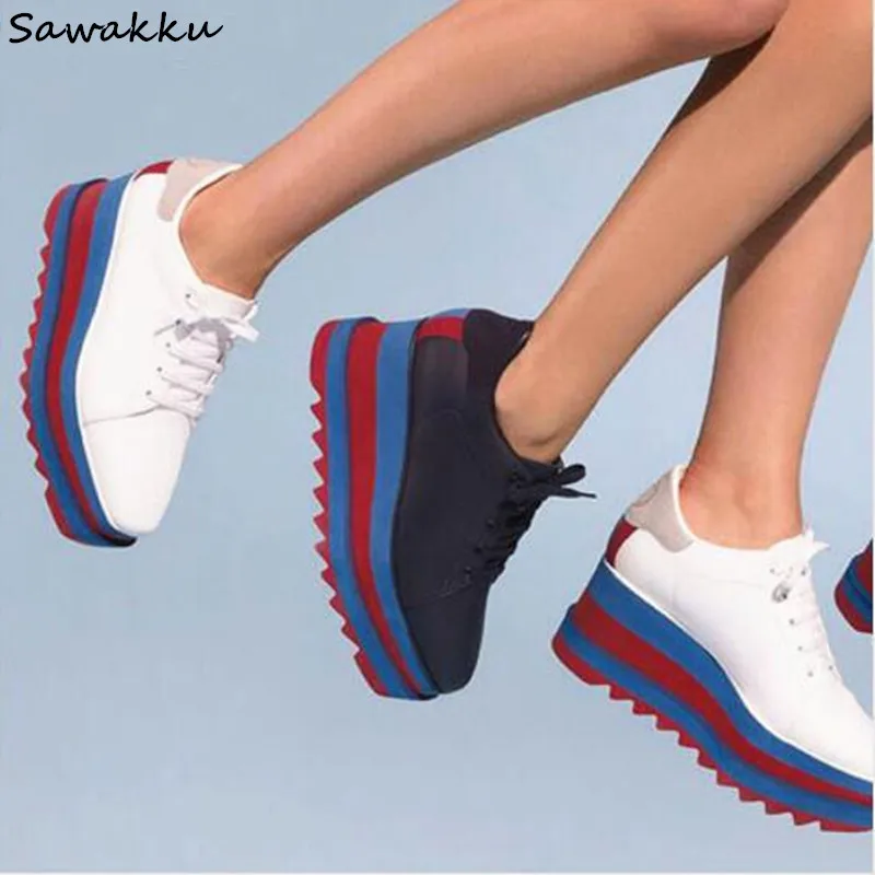Fashion High Platform Shoes Woman Genuine Leather Lace Up Casual Wedge Flats Round Toe Striped Bottom Sneakers Zapatillas Mujer
Fashion High Platform Shoes Woman Genuine Leather Lace Up Casual Wedge Flats Round Toe Striped Bottom Sneakers Zapatillas Mujer