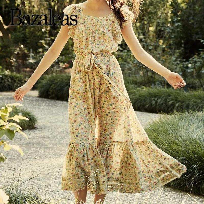 Bazaleas Short Sleeve Ruffles women Long dress Chic Yellow Floral Print party dress Sash Summer Dress Vintage vestido drop ship
Bazaleas Short Sleeve Ruffles women Long dress Chic Yellow Floral Print party dress Sash Summer Dress Vintage vestido drop ship