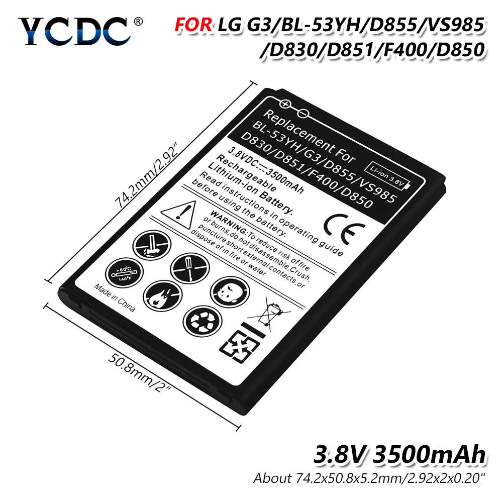 Lithium Li-Po phone 3.8V 3500mAh Battery BL-53YH BL53YH For LG G3 D855 D852 LS990 F400 Optimus VS985 D830 D850 D851 D852 D855
Lithium Li-Po phone 3.8V 3500mAh Battery BL-53YH BL53YH For LG G3 D855 D852 LS990 F400 Optimus VS985 D830 D850 D851 D852 D855