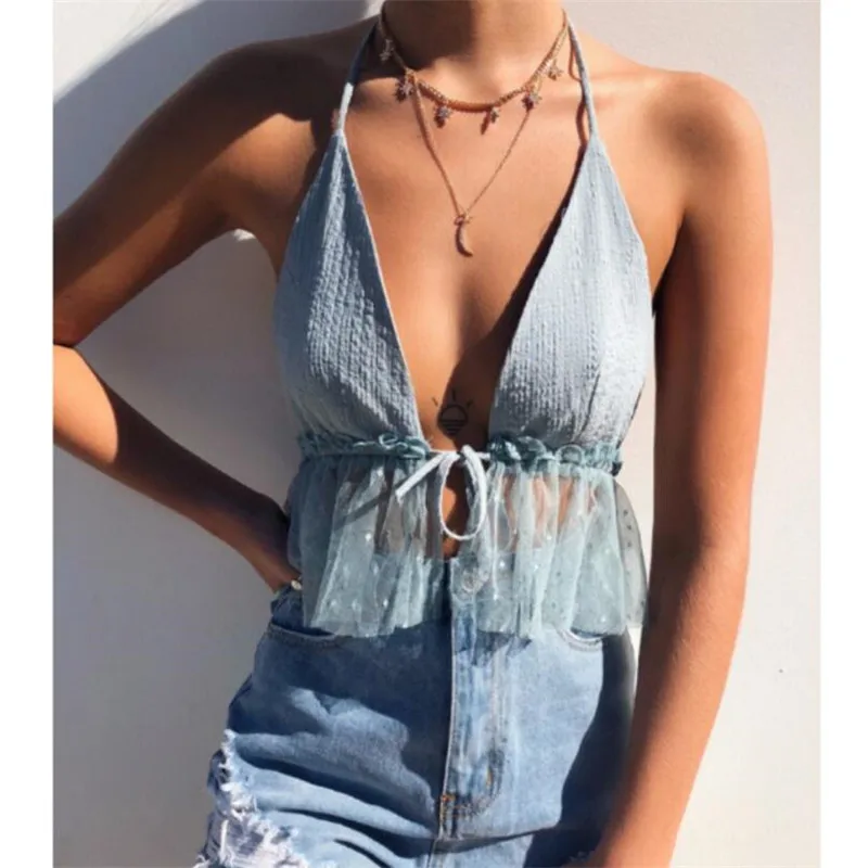 Spring/summer 2019 women's top with neck and front strap, halter top with transparent gauze halter
Spring/summer 2019 women's top with neck and front strap, halter top with transparent gauze halter