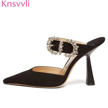 Hot Slipper Women Black Suede Thin High Heels Party Shoes Pointed Toe Slip On Luxurious Buckle Rhinestone Sexy Mules Shoes Women 
Hot Slipper Women Black Suede Thin High Heels Party Shoes Pointed Toe Slip On Luxurious Buckle Rhinestone Sexy Mules Shoes Women