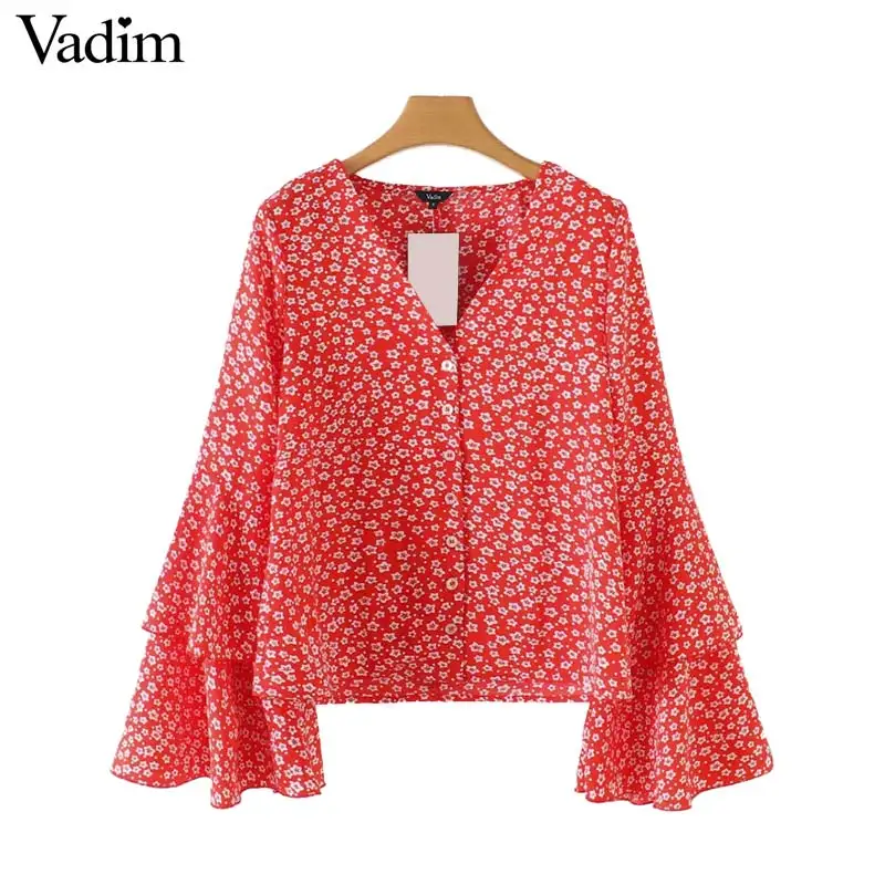 Vadim women sweet V neck floral print blouses ruffles flare sleeve shirts female casual stylish red chic tops blusas LA791
Vadim women sweet V neck floral print blouses ruffles flare sleeve shirts female casual stylish red chic tops blusas LA791