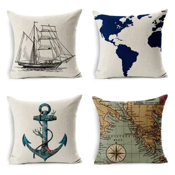 

Nautical Style Sea Helm Printed Cushion Cover Cotton Linen Anchor Throw Pillowcase Sailor Home Sofa Decor Pack of 4 Cojin Para