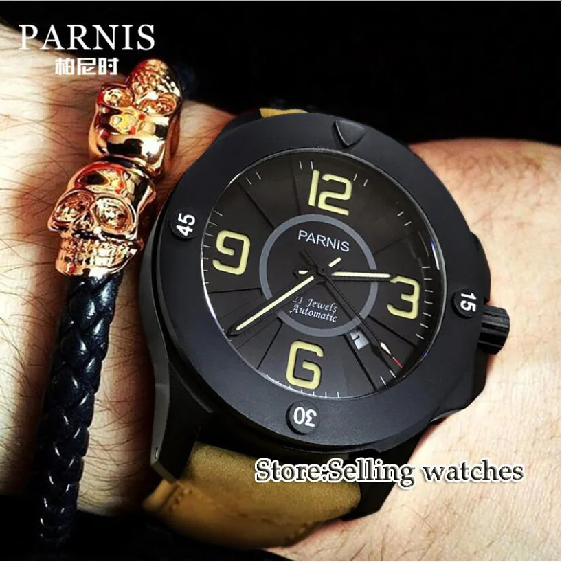 

47mm Parnis black dial sapphire glass date PVD Case Luminous 21 jewels Miyota Automatic self-wind movement Men's Watch