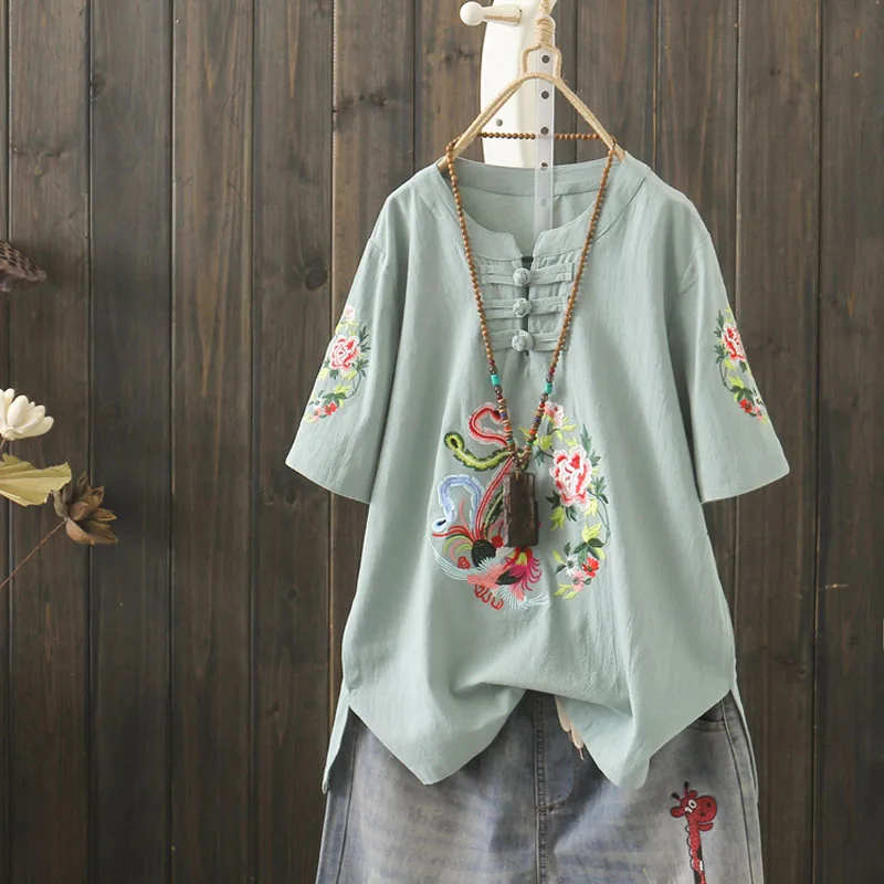 Bird Flower Embroidered Retro T Shirt Women Chinese Style Plate Buckle Linen Cotton Tees Tops Short-sleeved Summer Green White
Bird Flower Embroidered Retro T Shirt Women Chinese Style Plate Buckle Linen Cotton Tees Tops Short-sleeved Summer Green White
