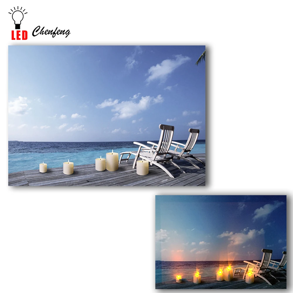 Led Canvas art candles with chaise longue seascape wall picture canvas painting light up printing artwork battery open 16x24inch
Led Canvas art candles with chaise longue seascape wall picture canvas painting light up printing artwork battery open 16x24inch