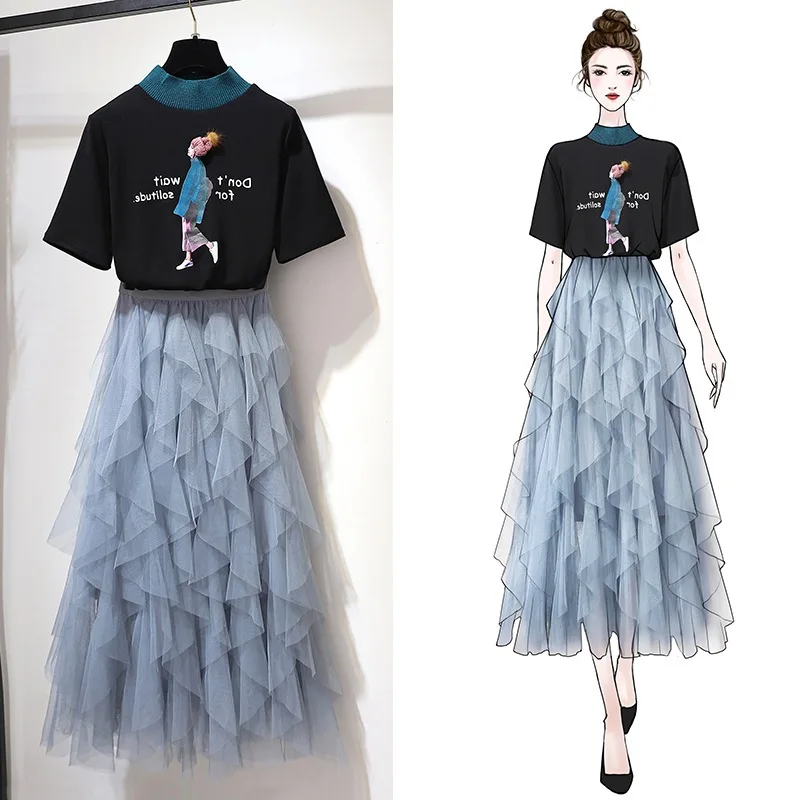 2019 Summer Women White Black O Neck Short Sleeve T-Shirt Long Mesh Multi-Layer Irregularity Skirt Women Girl Cute Two-Piece Set
2019 Summer Women White Black O Neck Short Sleeve T-Shirt Long Mesh Multi-Layer Irregularity Skirt Women Girl Cute Two-Piece Set