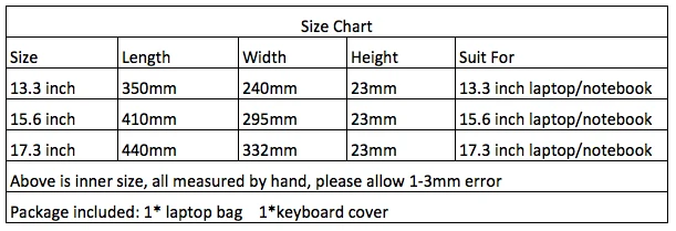 Laptop Size Chart
