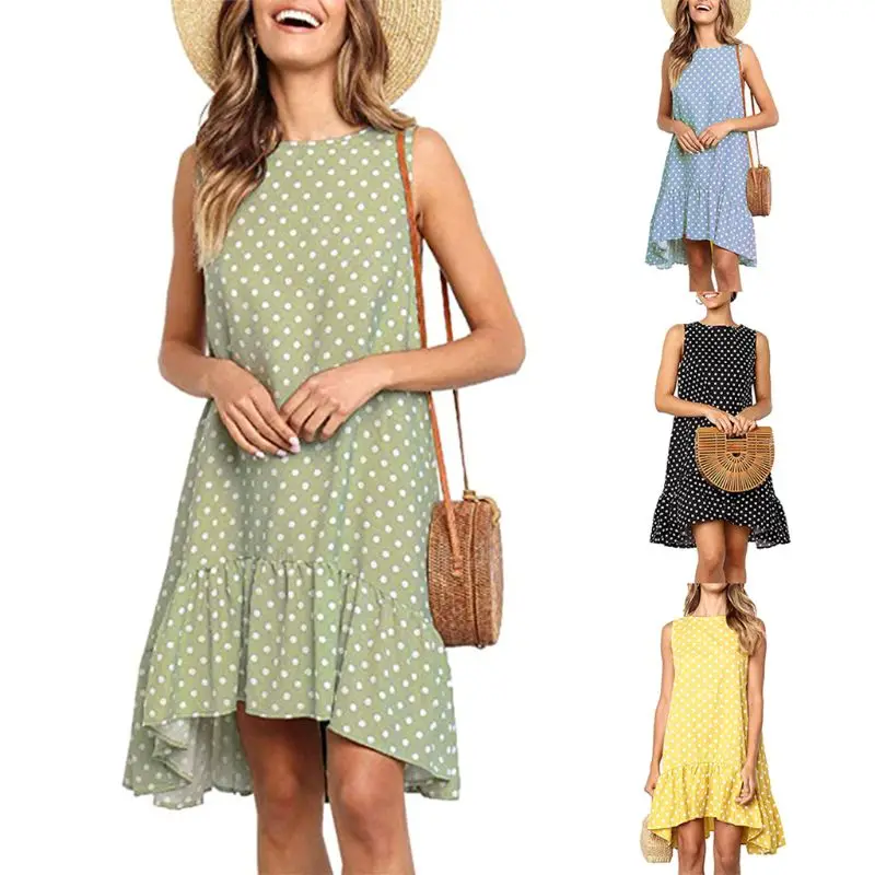 

Womens Summer Sleeveless O-Neck Midi Swing Dress Retro Polka Dot Candy Color Loose Pullover Ruffles Flounce Hem Beach Sundress