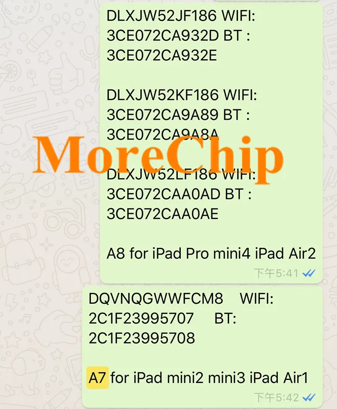 For i Pad 2/3/4/5/6/Air1/Air2/mini1/mini2/mini3/Pro iCloud Unlock Serial Number Wifi Address i-Pad A6 A7 A8 A9 A10 Serial NO. SN
For i Pad 2/3/4/5/6/Air1/Air2/mini1/mini2/mini3/Pro iCloud Unlock Serial Number Wifi Address i-Pad A6 A7 A8 A9 A10 Serial NO. SN