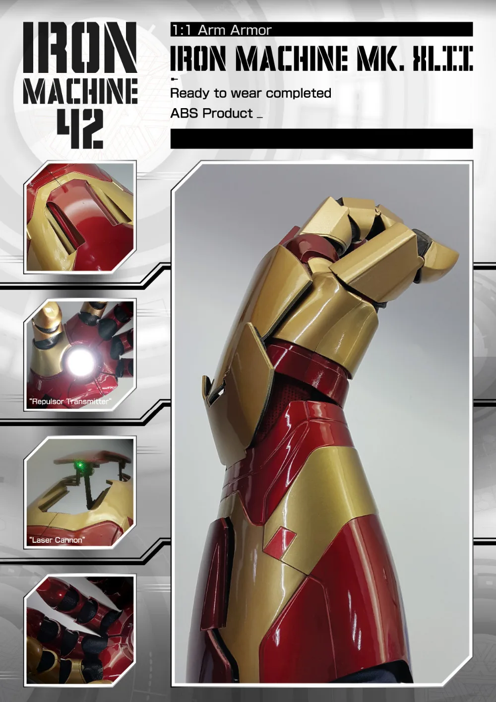 Iron Man Mark 42 MK42 1/1 Movable Wearable Arm Glove with Launch Sound Laser Weapon and Hand LED
Iron Man Mark 42 MK42 1/1 Movable Wearable Arm Glove with Launch Sound Laser Weapon and Hand LED