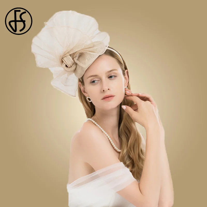 

FS Champagne Color Flower Church Hats Women Elegant Sinamay Fascinator Base Ladies Wedding Pillbox Hat Bow Kentucky Derby Fedora