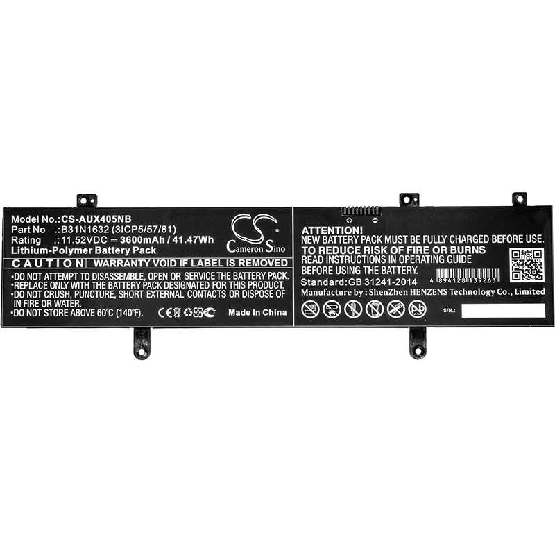 Cameron Sino 3600mAh Battery For Asus Vivobook 14, X405, X405UA,0B200-02540000,B31N1632 ,3ICP5/57/81
Cameron Sino 3600mAh Battery For Asus Vivobook 14, X405, X405UA,0B200-02540000,B31N1632 ,3ICP5/57/81