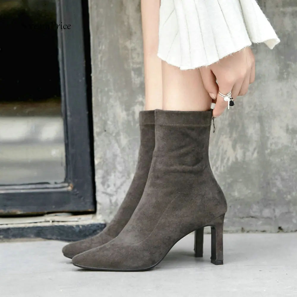 Women Suede Ankle Boots Sexy Thin High Heel Fashion Boots Pointed Toe Zipper Winter Boots Female Shoes Black Gray