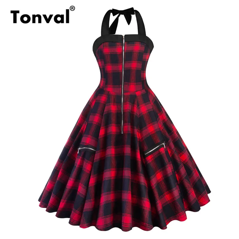Tonval Zipper Front Rockabilly Pin Up Tartan Vintage Dress Women Halter Fit and Flare Red Plaid Backless Party Night Dresses
Tonval Zipper Front Rockabilly Pin Up Tartan Vintage Dress Women Halter Fit and Flare Red Plaid Backless Party Night Dresses