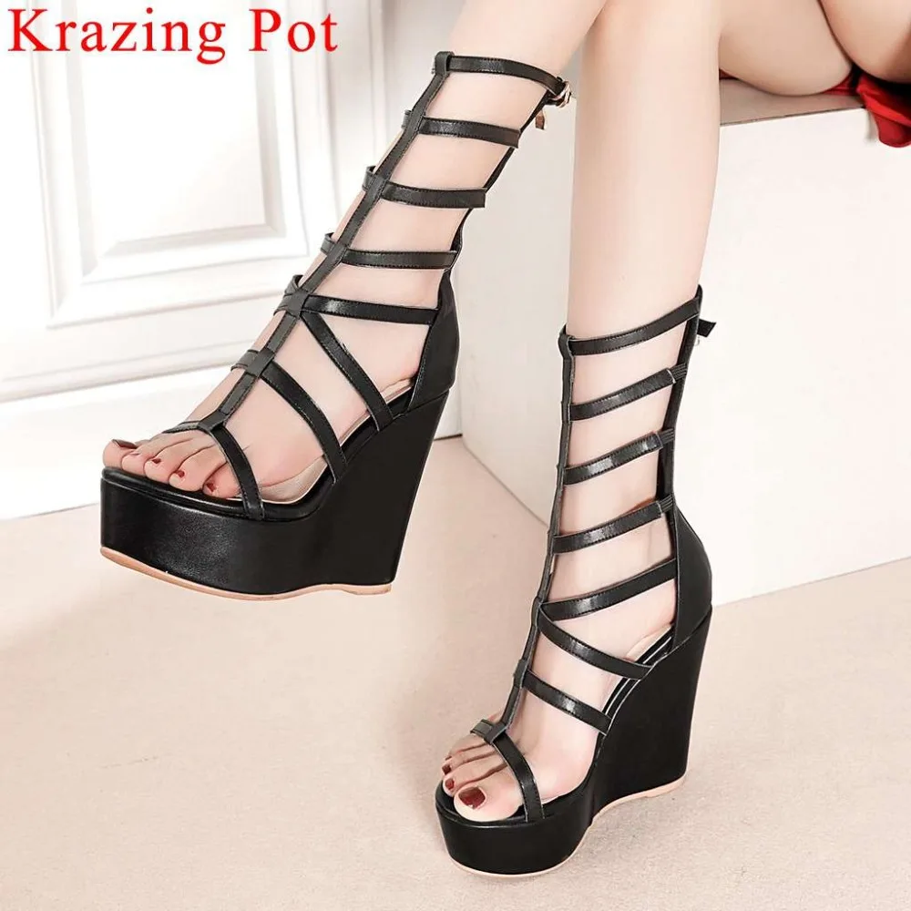 European style peep round toe zipper natural leather gladiator shoes wedges platform sexy 12cm heels mid-calf summer boots L0f3
European style peep round toe zipper natural leather gladiator shoes wedges platform sexy 12cm heels mid-calf summer boots L0f3