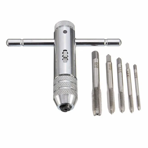Newest 1PC T-Handle Ratchet Tap Wrench with 5pcs M3-M8 Durable 3-8mm Machine Screw Thread Metric Plug Tap Machinist Hand Tool
Newest 1PC T-Handle Ratchet Tap Wrench with 5pcs M3-M8 Durable 3-8mm Machine Screw Thread Metric Plug Tap Machinist Hand Tool