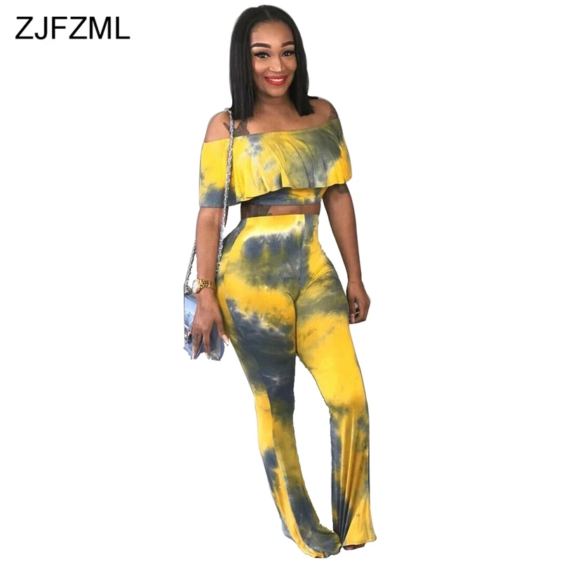 

ZJFZML Tie Dye Printed Sexy 2 Piece Matching Set Women Slash Neck Ruffles Crop Top And Long Bodycon Flare Pant Two Pcs Outfits