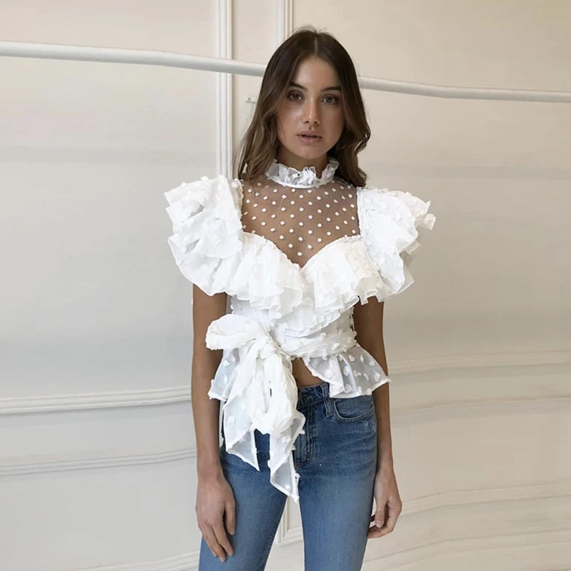HIGH STREET New Fashion 2019 Designer Blouse Top Women's Gauze Patchwork Ruffle Tops |
