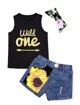 2019 Baby Girl Cotton Short sleeved top + Denim shorts + Headwear 3PC Clothes set Wild one printed 5set/lot
2019 Baby Girl Cotton Short sleeved top + Denim shorts + Headwear 3PC Clothes set Wild one printed 5set/lot