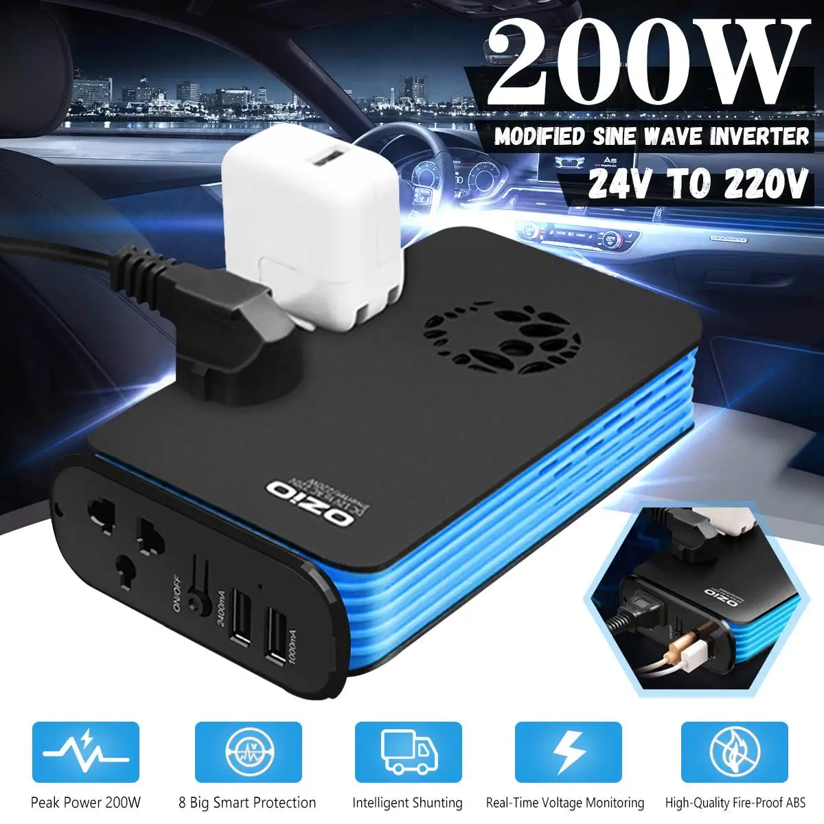 

Mini Car Inverter 24V 220V 200W Voltage Converter Transformer DC 24V To AC 220V Display Inverter Inversor for truck