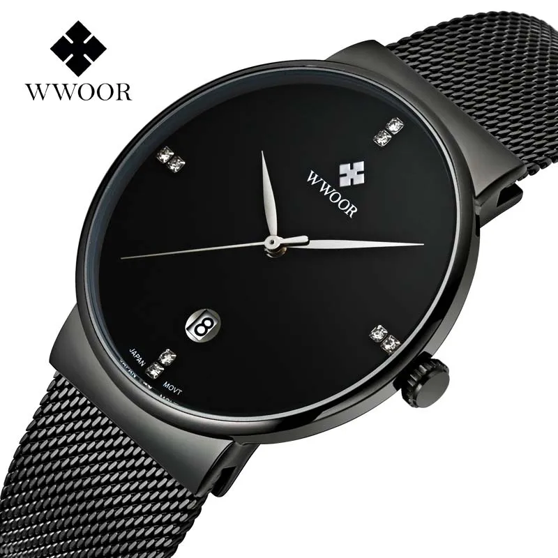 WWOOR 2019 Mens Watches Top Brand Luxury Business Men's Black Wrist Watches Diamond Stainless Steel Clock Men orologio uomo