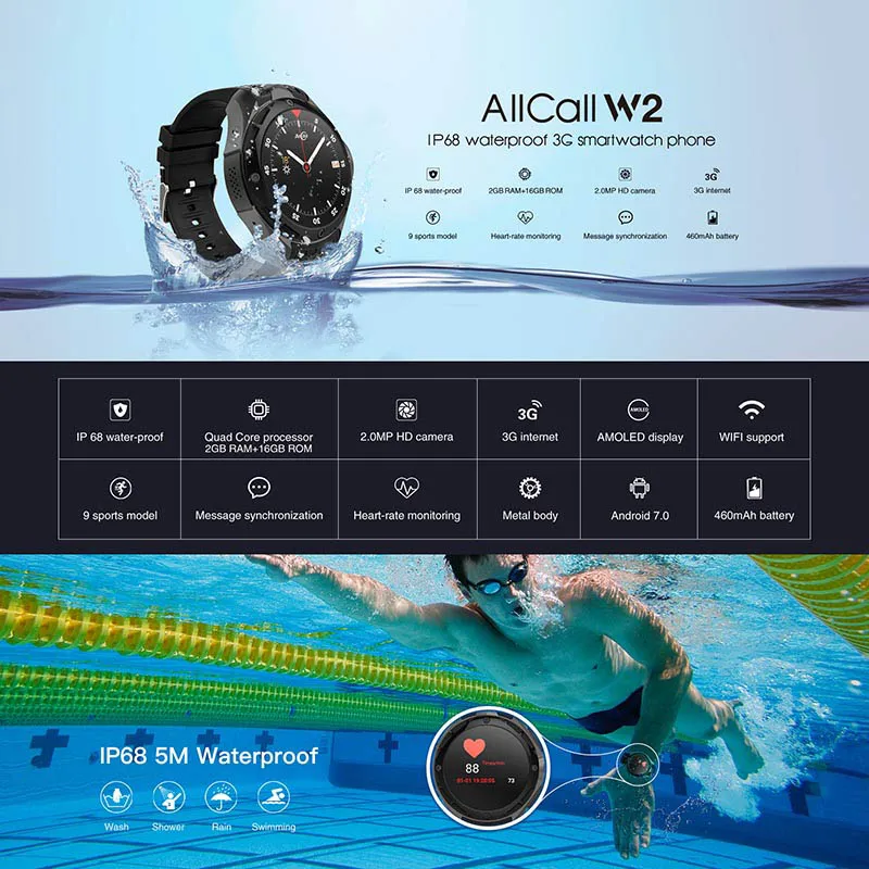 

AllCall W2 3G Android 7.0 Quad Core Smart Watch Phone Wirless Wristband 2+16GB Sport Watch Gift WIF66