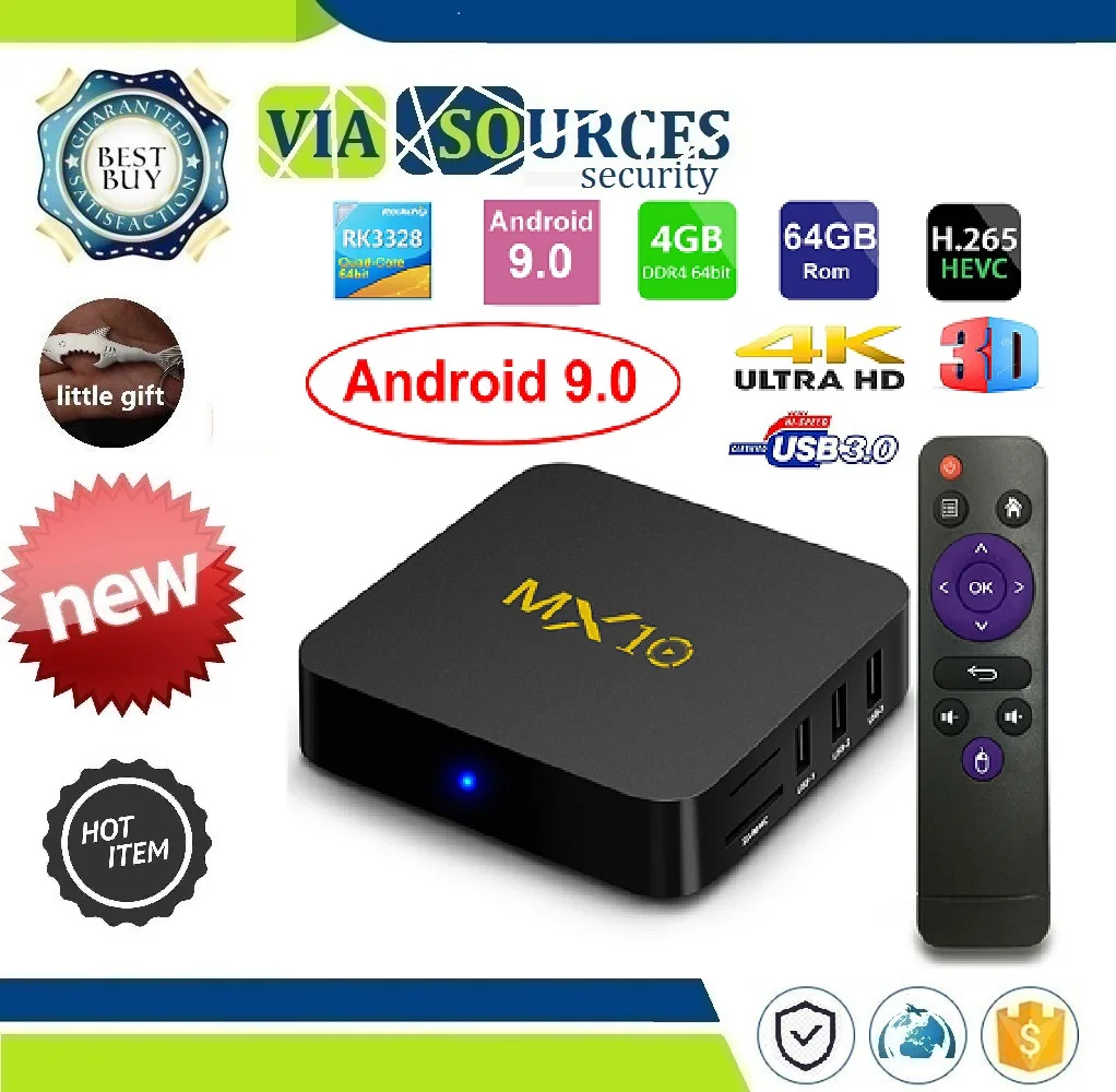 

Rom IPTV Smart Set-top Box 4K USB 3.0 HDR H.265 Media Player Box MX10 Smart TV BOX Android 9.0 Rockchip RK3328 DDR4 4GB Ram 64GB