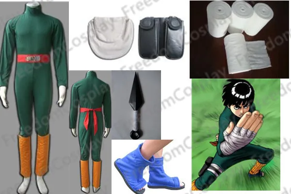 Naruto Rock Lee Might Guy Cosplay Costume Jumpsuit,belt,footcovers,bandage*4,bags,kunai,shoes
Naruto Rock Lee Might Guy Cosplay Costume Jumpsuit,belt,footcovers,bandage*4,bags,kunai,shoes