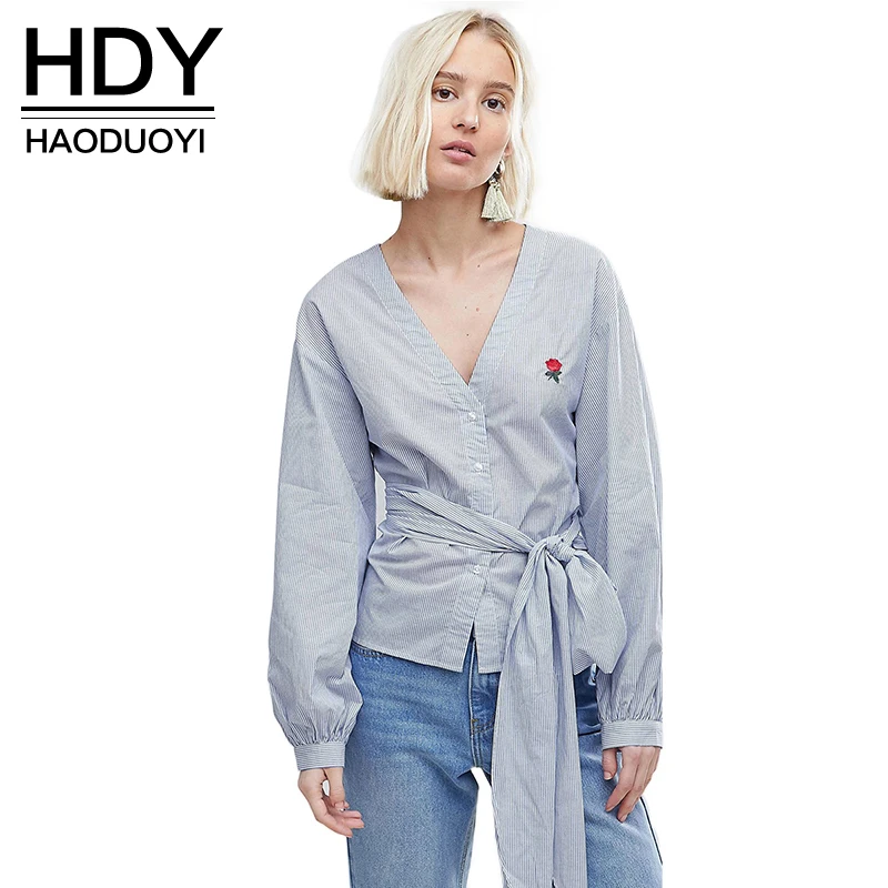 HDY Haoduoyi Women Sexy Deep V Neck Long Sleeve Shirt Rose Embroidery Loose Blous with Tie waist Single Button Stripes top
HDY Haoduoyi Women Sexy Deep V Neck Long Sleeve Shirt Rose Embroidery Loose Blous with Tie waist Single Button Stripes top