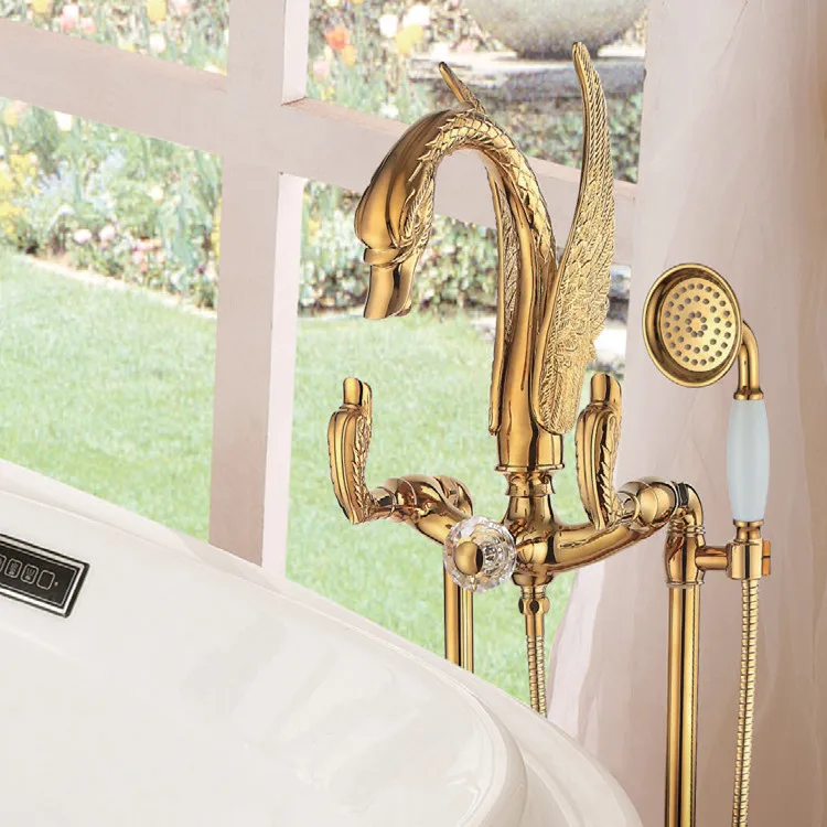 

Floor standing Gold finish PVD HUGE SWAN Bath shower Bathtub Faucet WITH Hand Shower Crystal Diverter