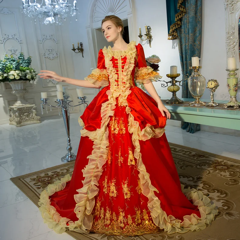

2018 Red Square Collar Yellow Ruffles Long Princess Dress Medieval European Court Rococo Baroque Dress Ball Gowns Costume