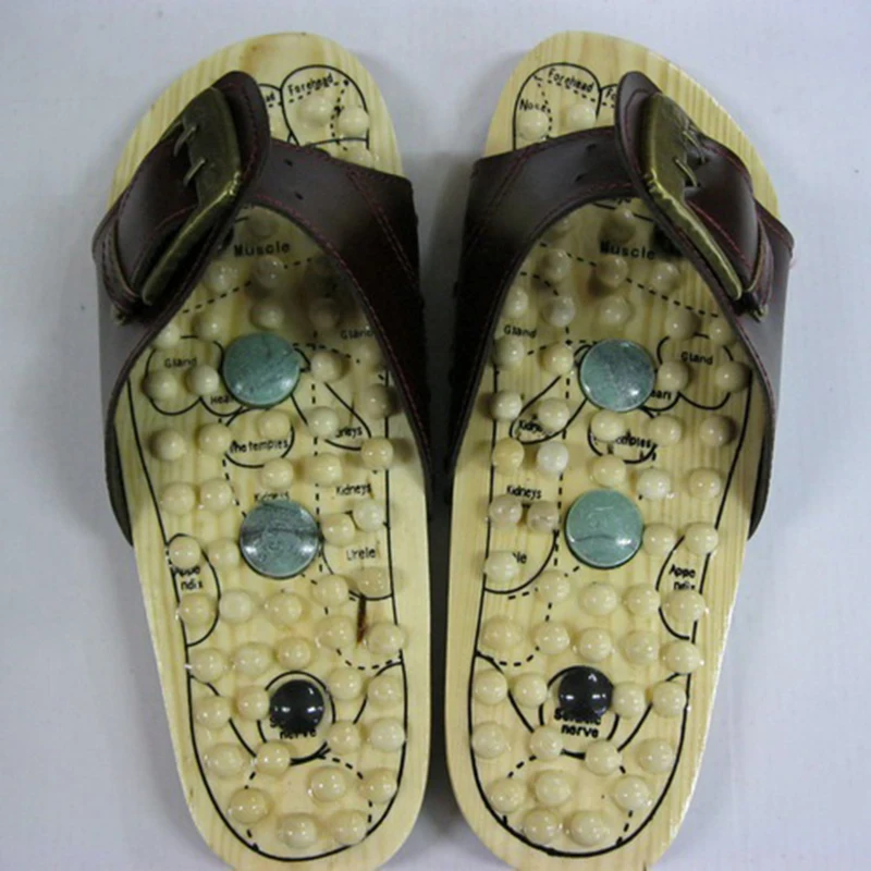 Health care Wooden base acupunture foot massage slippers natural stone acupoint massage slippers-1