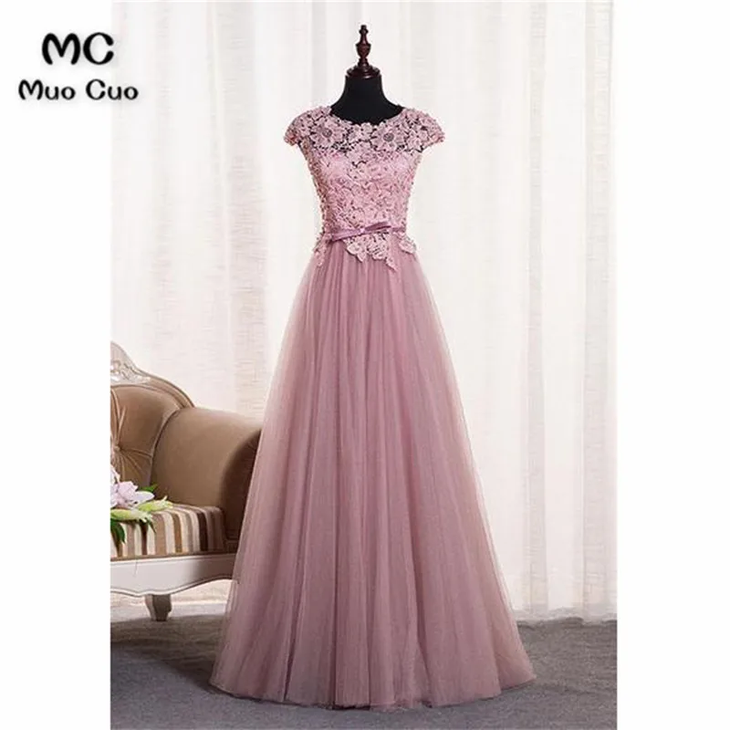 Pink Round Neck Tulle Lace Applique Long Prom Dress, Tulle Evening Dress