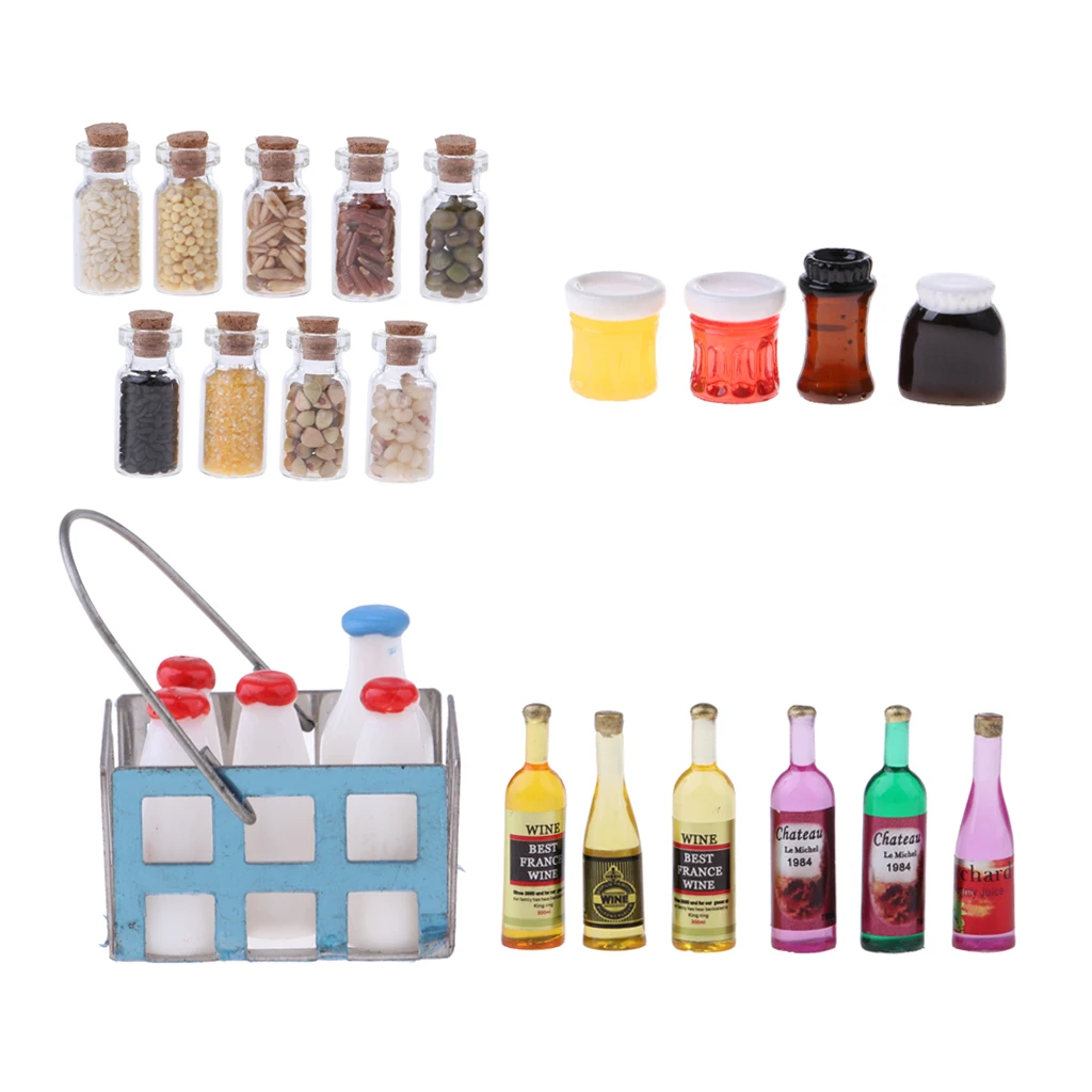 25 Pieces 1/12 Dolls House Miniature Kitchen Foods Groceries Any Room Life Scenes Decor Dried Foods Glass Jar Fruit Jam Bottles