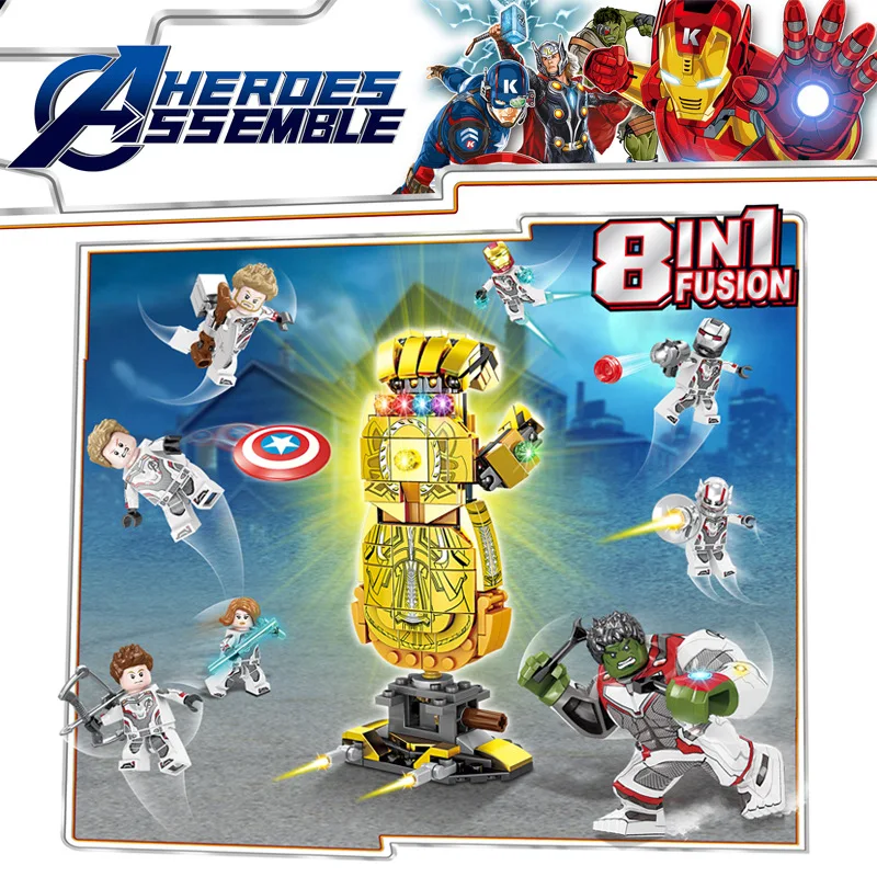 New Avengers Super heroes 8 in 1 thanos infinity gloves building blocks Iron Man Captain America Hulk Figures toy
New Avengers Super heroes 8 in 1 thanos infinity gloves building blocks Iron Man Captain America Hulk Figures toy