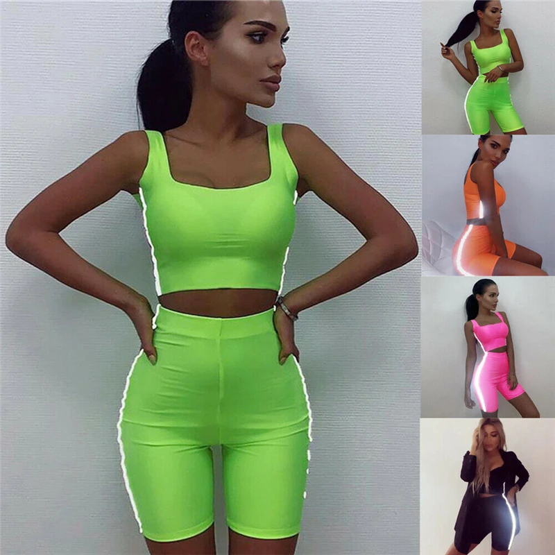 Women 2PCS/Set Sports Suit Fluorescent Pants Vest Outfit Workout Tracksuits Women Summer Reflective Side Striped Streetwear 2019
Women 2PCS/Set Sports Suit Fluorescent Pants Vest Outfit Workout Tracksuits Women Summer Reflective Side Striped Streetwear 2019
