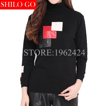 Winter autumn fashion new fashion women high quality hit the geometric sheep skin stitching black high-necked wool sweater 
Winter autumn fashion new fashion women high quality hit the geometric sheep skin stitching black high-necked wool sweater