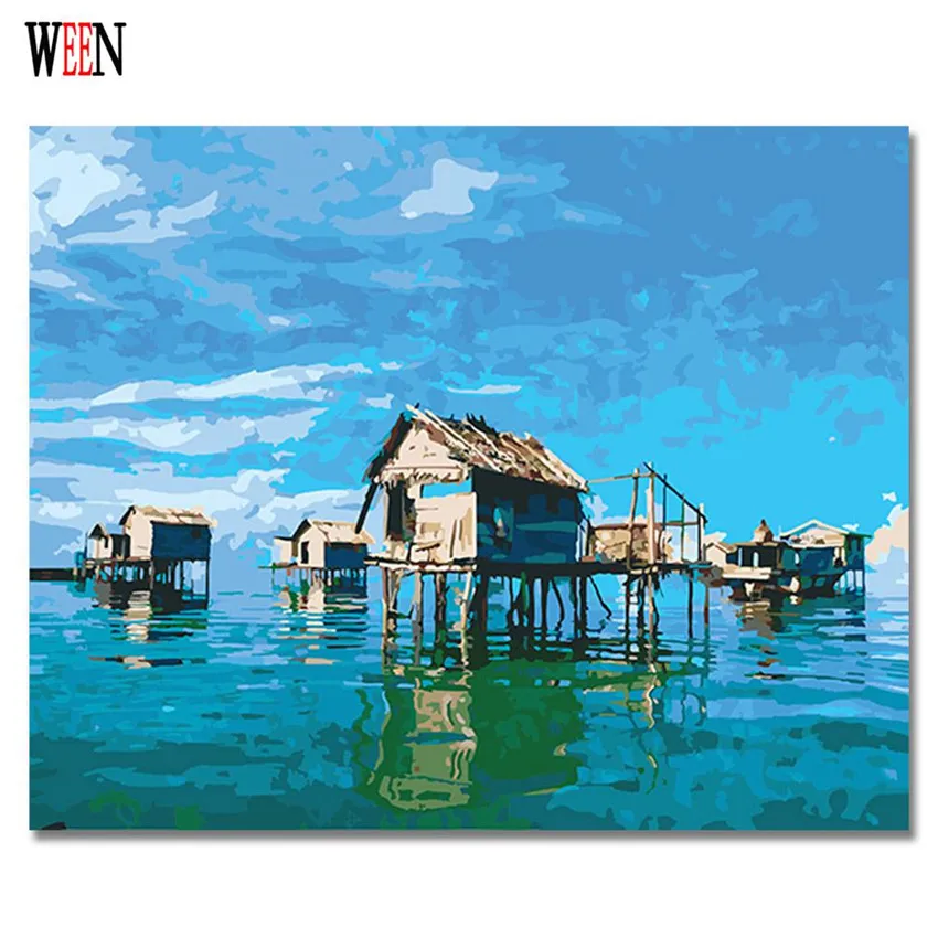 WEEN Sea House Pictures By Numbers DIY Handpainted Landscape Wall Canvas Art Digital Coloring by numbers Artwork For Room Gift | Дом и сад