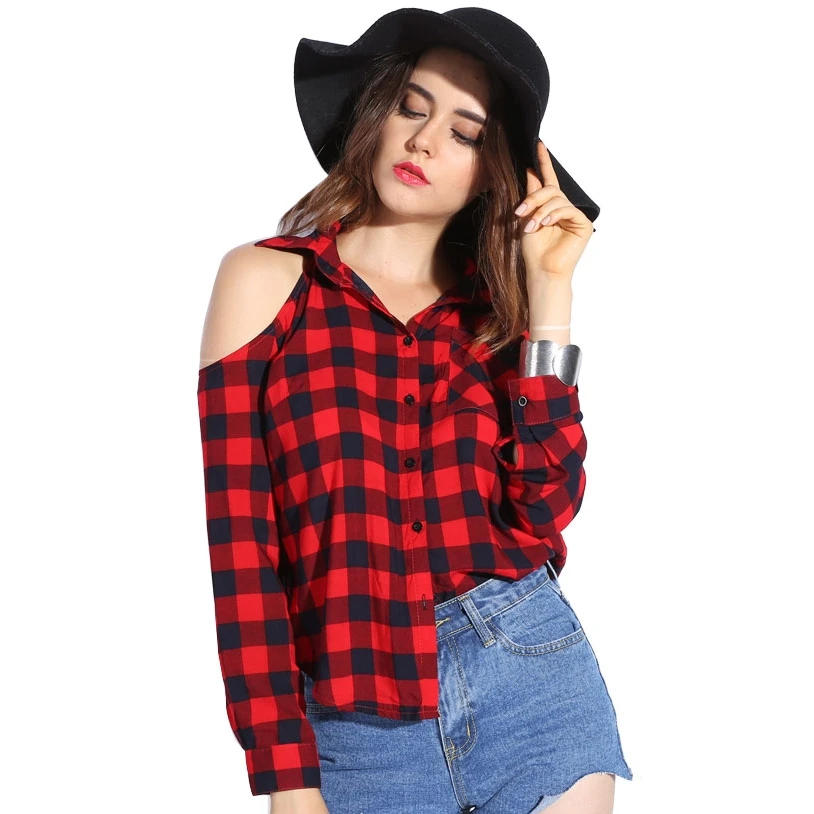 

Dioufond Sexy Plaid Off Shoulder Women Blouses Cold Shoulder V-neck Summer Ladies Tops Casual Red Plaid Women Clothing 2018