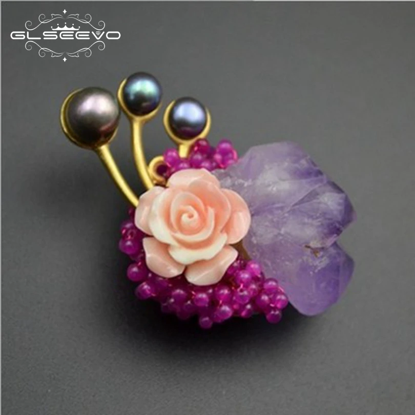 XlentAg Natural Purple Crystal Brooch Pins Fresh Water Black Pearl Flower Brooches Pendant Dual Use Luxury Fine Jewelry GO0047 | Украшения