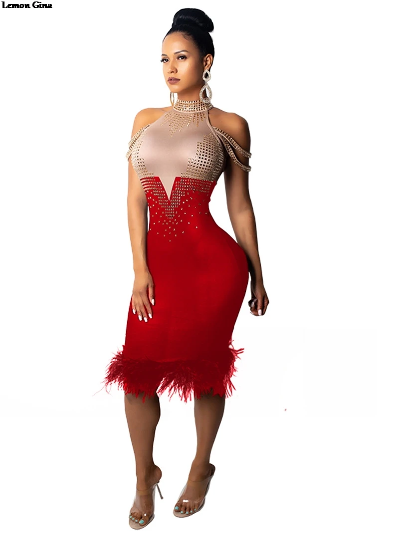 women halter neck backless hot drillng gold rehinstons fur hem patchwork knee length bodycon midi dress vestidos 3colors CY8056
women halter neck backless hot drillng gold rehinstons fur hem patchwork knee length bodycon midi dress vestidos 3colors CY8056