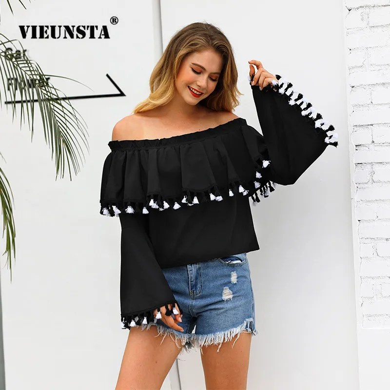 VIEUNSTA Off Shoulder Ruffle Tassel Blouses Women Slash Neck Flare Long Sleeve Shirts Tops Black White Solid Blouse Female Blusa
VIEUNSTA Off Shoulder Ruffle Tassel Blouses Women Slash Neck Flare Long Sleeve Shirts Tops Black White Solid Blouse Female Blusa
