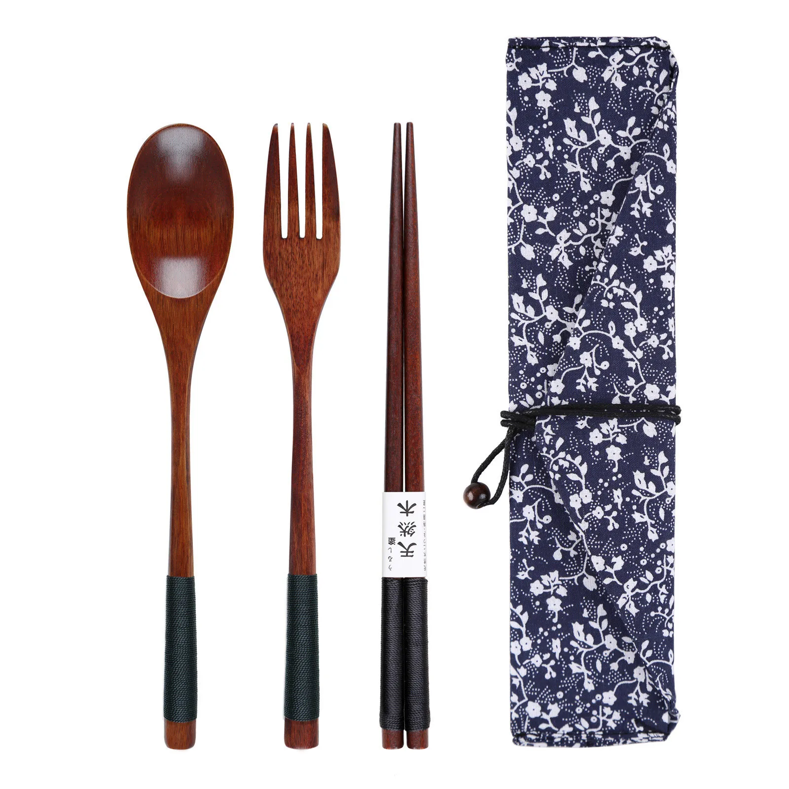 

A Set Wooden Spoon+Fork+Chopsticks+Cloth Bag Bamboo Kitchen Cooking Utensil Tool Soup Teaspoon Catering Oct#2