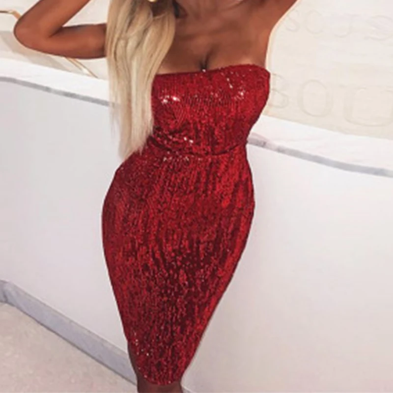 Sexy бретелек Bodycon блестящее платье Для женщин красный с плеча блестками